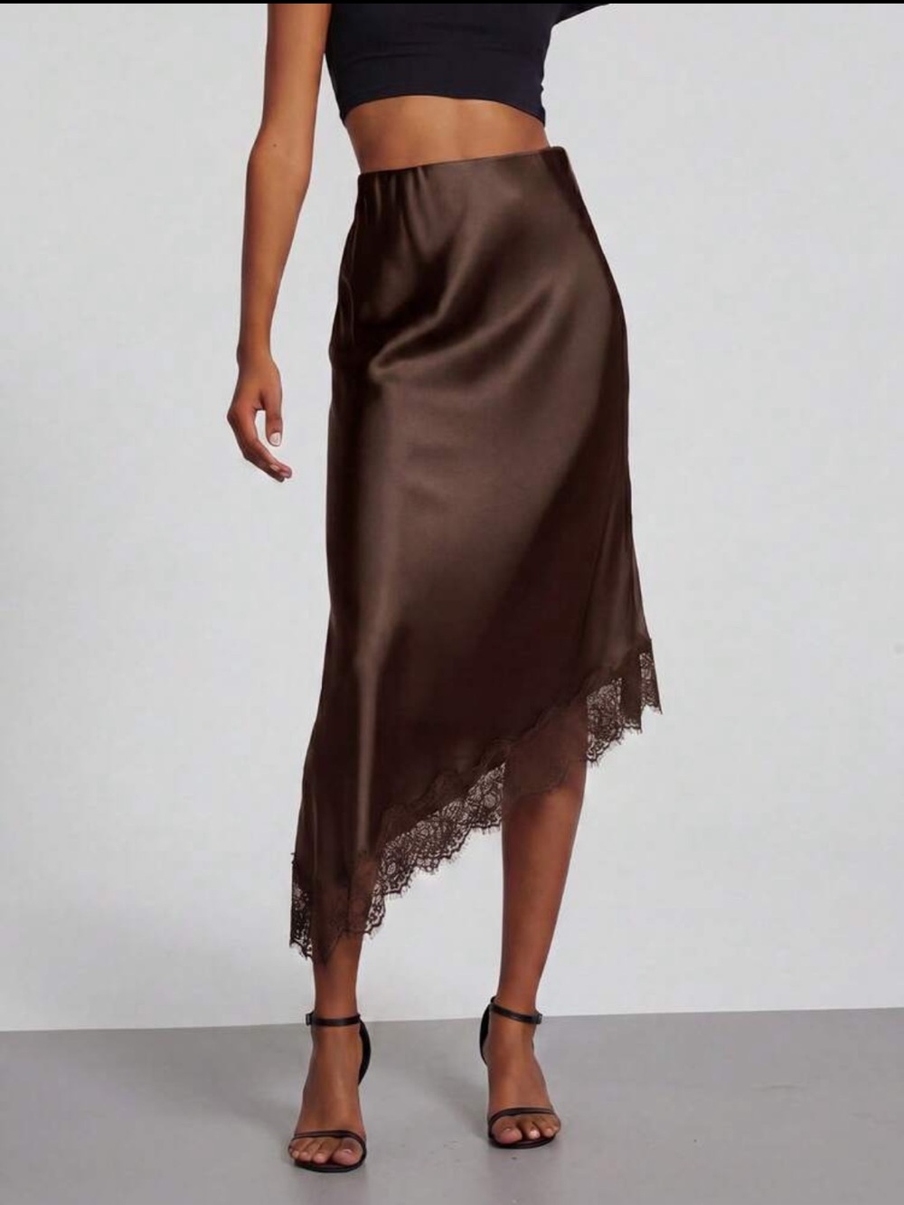 Satin Lace-Trim Asymmetrical High Rise Midi Skirt - Black - Picture 6 of 15